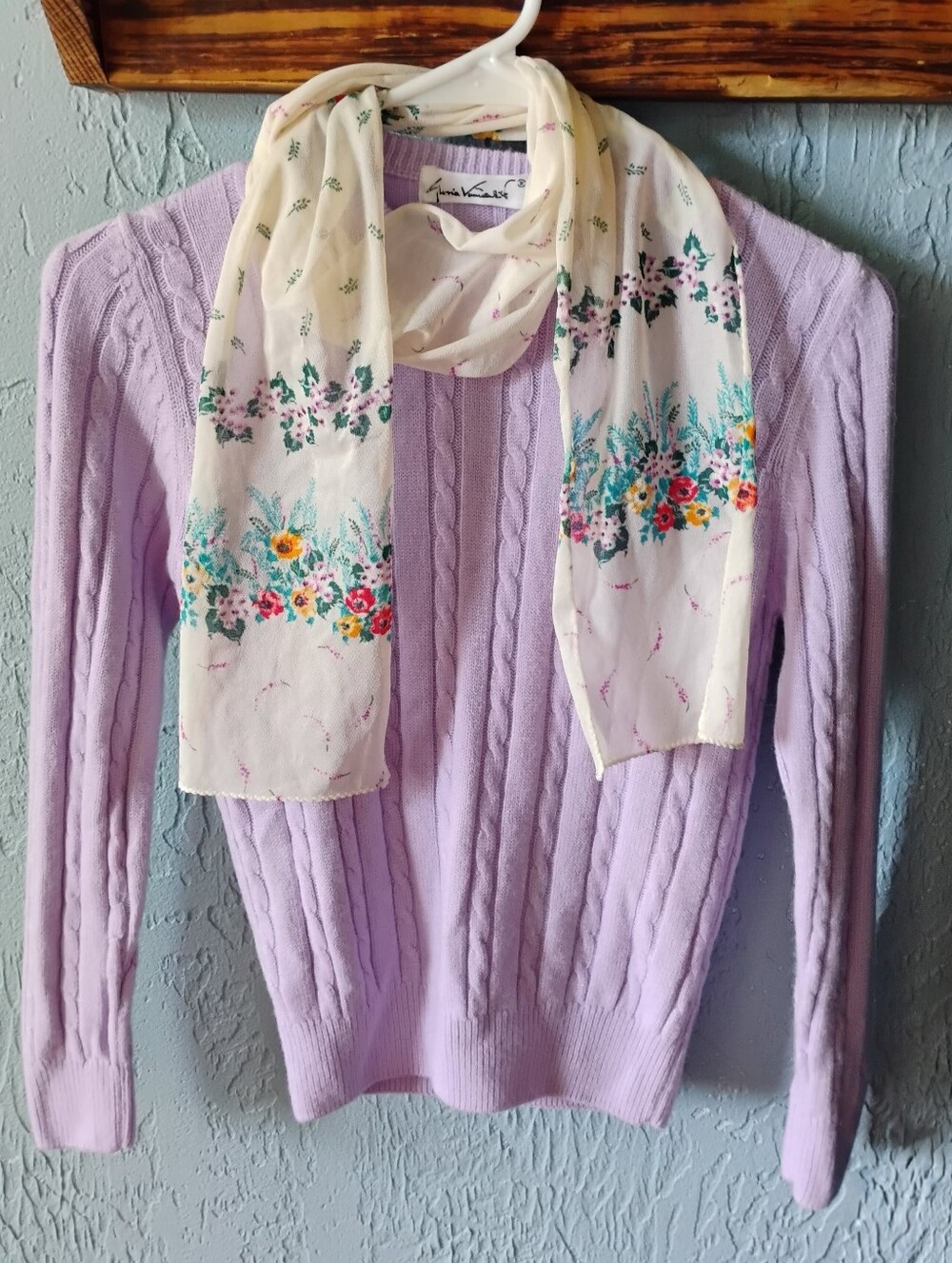 Vintage Gloria Vanderbilt lilac sweater paired with coordinating scarf Included